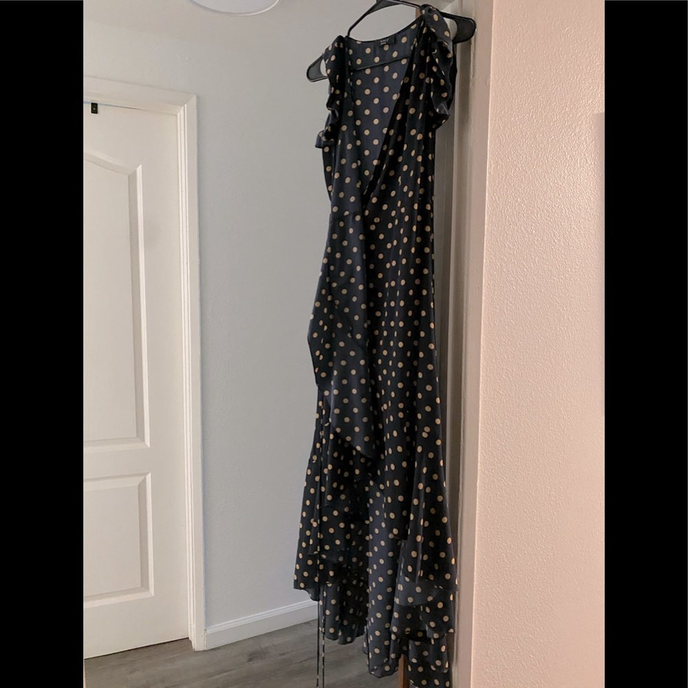 Vici navy and cream polka dotted maxi wrap dress